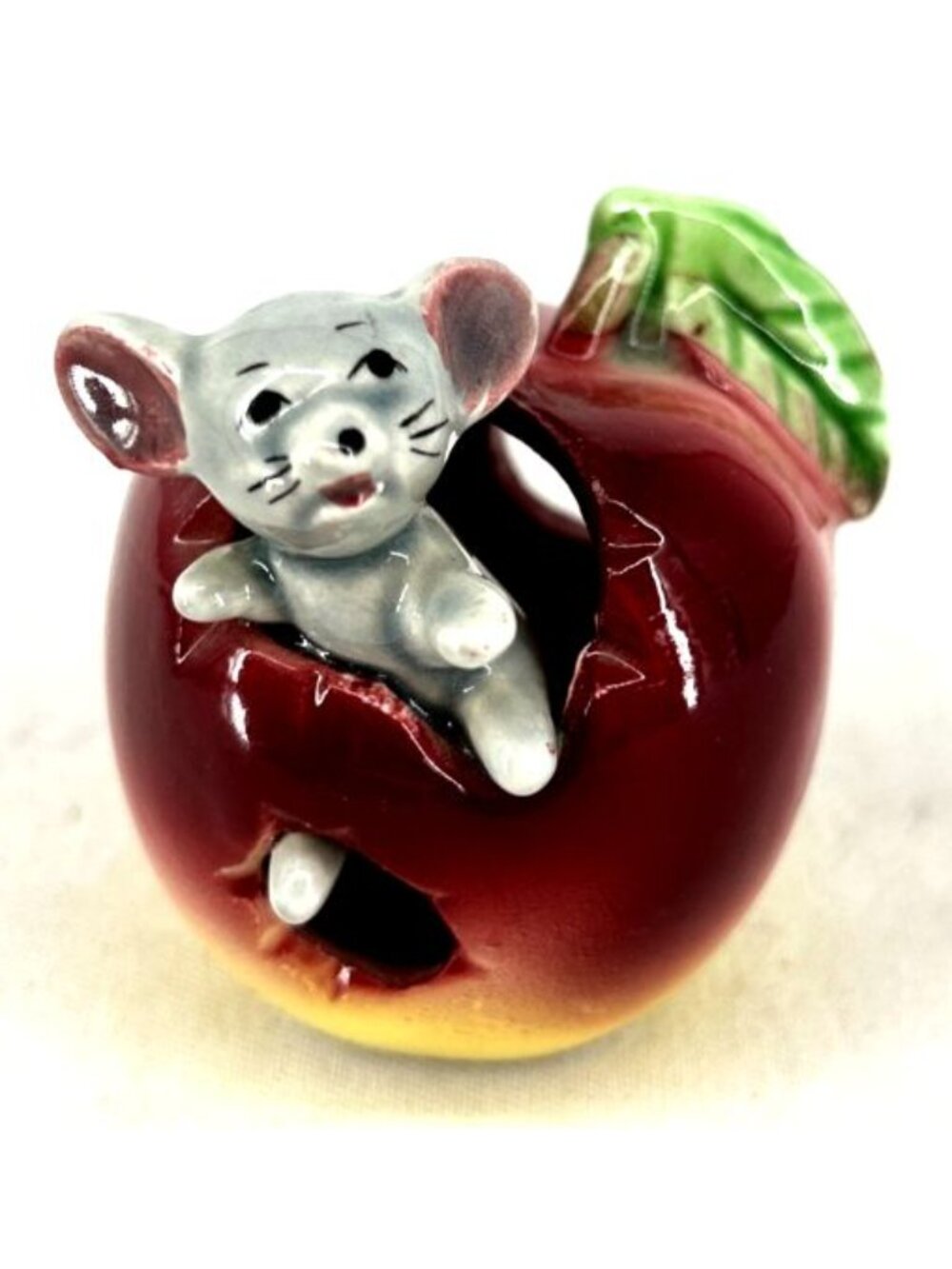 Napco Mouse In Apple Toothpick Holder Japan Ceramic 2.5" Vintage